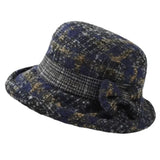 Daiiibabyyy  Vintage Thickened Middle Aged Women Bucket Hat Windproof Warm Bow Top Hat Short Brim Faux Woolen Cloche Hat Elderly Mom
