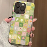 Daiiibabyyy  IND green grass grid pattern broken flower rabbit phone case with chain  for iPhone 11 12 13 14 15 16 17 Pro Max