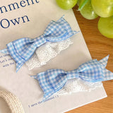 Daiiibabyyy  Girls Sweet Bowknot Hairpin Japanese Style Lace Bow Hair Clip Light Blue Checkered Pattern Bow Headwear