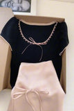 DAIIIBABYYY  -  Sweet Girl Suit Women's Summer Pink High-waisted Lace-up Skirt Black Short Knitwear Two-piece Set Fashion Female Clothes
