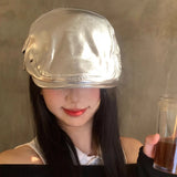 Daiiibabyyy  New Silver PU Leather Forward Hats for Women Spring and Autumn Travel Fashion Versatile Street Trend Yuppie Berets Cap Men