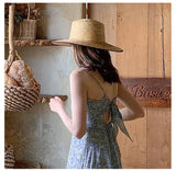 Daiiibabyyy  Flat Top BlacK Cover Straw Hat Wide Brim Fedora Hat Summer Beach Hat for women Men Plain Boater Hat Party Church Derby Cap