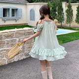 Daiiibabyyy  Summer Mint Green Polka Dot Layered Mini Dress Sweet Off Shoulder Female Clothing O-Neck Stylish Drawstring Bow A-Line Dresses
