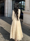 Daiiibabyyy  V Neck Lace Sweet Bow Dresses Women Flare Sleeve Temperament Robe Femme Vestidos De Mujer Tunic A-line Korean Maxi Dress