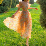 Daiiibabyyy Shoulder Bubble Sleeve Floral Sling Spring/summer 2024 New Long Skirt Design Elegant Midi Dresses Vintage Beach Strap Kawaii