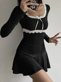 Daiiibabyyy Y2k Coquette Dresses Women Knitted Short Dresses Female Sexy Lace Patchwork Dress Ladies Korean Fashion Bodycon Pleated Vestidos