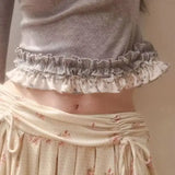 Daiiibabyyy  New French Style Double Layered Lace Hem Round Neck Slim Fit Design Printed Top Women Base Outer T-shirt