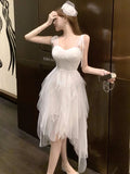 DAIIIBABYYY  -  Summer White Jacquard Patchwork Mesh Ruffled Long Dress Women Elegant Lace Bow Sling Dress 2025 New Korean Bodycon Beach Dresses