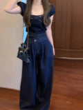 DAIIIBABYYY  -  Casual Denim Suit Women's Summer Bow Short-sleeved Top High Waist Wide Leg Pants Two-piece Set Fashion Female Clothes