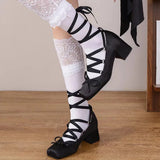 DAIIIBABYYY  -  Sweet Lolita Ballet Style Pumps Women's Big Size 43 Pink High Heels Shoes Ribbon Cross Lace-up Mary Jane Shoes