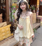 DAIIIBABYYY  -  Ethnic Style Pink Green Floral Pleated Sling Loose Flower Bud Women Summer New Dopamine Patchwork Square Neck Slip Dress