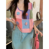 DAIIIBABYYY  -  Casual Camis Printed Patchwork Plaid Three-dimensional Flower Knitted Vest Square Neck Loose Casual Camisole Preppy Female Tops