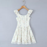 Daiiibabyyy  Sexy Floral Print Spliced Lace V neck Ruffles Strap Tank Dress Women Wood ears Low Waist Short Dresses Swing A-lined Robe