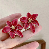 Daiiibabyyy  Vintage Dark Red Enamel Flower Stud Earrings European and American Vacation Style Sweet Floral Jewelry For Women