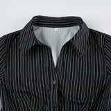 DAIIIBABYYY  -  Harajuku Striped Crop Top Women Casual Black Button Up Full Sleeve Turn-down Neck Blouse y2k Aesthetic Autumn Tee Shirts