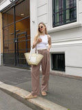 Daiiibabyyy Brown Low Waist Trousers Fashion Design Sense Of Contrast Color Loose Pull Length Pants Niche All-Match Streetwear Autumn