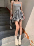 Daiiibabyyy  Two Piece Sets Women Clothing Sun Protection Crop Korean Cardigan + Fashion A-Line Mini Slip Dress Autumn Y2k Solid Color Suit