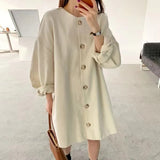 DAIIIBABYYY  -  New Solid Color Versatile Simple Round Neck Single Breasted Loose and Gentle Shoulder Sleeves Mid Length Skirt
