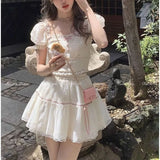 DAIIIBABYYY  -  Summer New Women's Pullovers Square Collar Bow Spliced Lace Casual Fashion Sweet Cute Skinny Short Sleeve T-shirt Tops