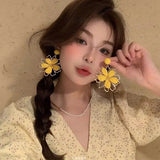 Daiiibabyyy  Women's Cute Earrings Vacation Style Woven Sun Flower Earrings High End Exaggerated Seaside Beauty Stud Earrings Funny Earrings