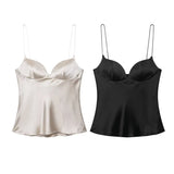 Daiiibabyyy  Backless Suspenders Heart Shaped Collar Satin Textured Top Women's Summer Gentle Temperament Solid Color Self Cultivation Sling