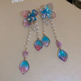 New Korean Elegant Blue Purple Flower Long Tassel Drop Earrings For Women Girls Sweet Butterfly Pendientes Jewelry