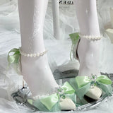 Daiiibabyyy  Mid Heel Shoes Woman Pink Green White Heels Pointed Toe Bridal Heels Lolita Heels Y2K Accessories Bow Pearl Stiletto Women