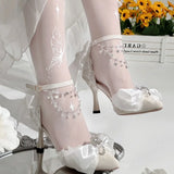 Daiiibabyyy  Mid Heel Shoes Woman Pink Green White Heels Pointed Toe Bridal Heels Lolita Heels Y2K Accessories Bow Pearl Stiletto Women