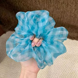 Daiiibabyyy  1PC Large Blue Gingham Sheer Mesh Scrunchie, Oversized Fluffy Elastic Hair Tie, Fresh Summer Hair Accessory For Women
