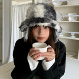 Daiiibabyyy  Japanese Tie-dye Gradient Lace-up Ear Protection Bucket Hat Winter Outdoor Thickened Lambswool Warm Lounge Basin Caps for Women