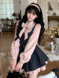 Daiiibabyyy  New Fashion Sweet Elegant Long Sleeve Dress Women Cute Bow Plaid Shirt Puffy Skirt Dresses Japanese Chic Korean Popular Clothes