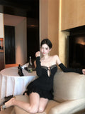 Daiiibabyyy  Hot Girls Short Party Dress Women Summer New Strapless Sheath Club Dress with Sleeves Hollow Out Lace Trim Mini Black Dresses