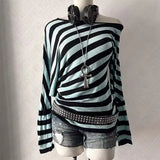 Daiiibabyyy  Women's Sweater Striped Round Neck Pullover Blue And White Casual Knit Top Off Shoulder Oversized Fit Long Sleeve Sweater
