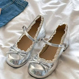Daiiibabyyy  Women Leather Thick Heel Mary Jane Shoes Elegant Butterfly Knot Decor Concise Fashion Outdoor Daily Dress Ladies Footwear