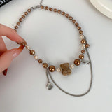 Daiiibabyyy  Little Bear Brown Beaded Splicing Necklace Women's Clavicle Chain