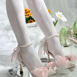 Daiiibabyyy  Mid Heel Shoes Woman Pink Green White Heels Pointed Toe Bridal Heels Lolita Heels Y2K Accessories Bow Pearl Stiletto Women