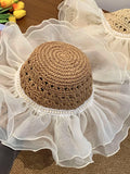 Daiiibabyyy Women Large Brim Summer Breathable Sun Straw Hat Seaside Cover Full Face Sunshade Sunscreen Hat Lace Straw Beach Sun Hat