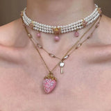 Daiiibabyyy  Crystal Bead Dripping Oil Flower Strawberry Sweet Cool Style Unique Niche Collarbone Chain Light Luxury High-End Accessories