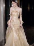 Daiiibabyyy  Golden Woman Evening Dress Luxury Sexy Tube Top Butterfly Sequin Backless Mermaid Pleated Lady Banquet Party Wedding Bride Gown