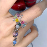 Daiiibabyyy  Y2K Aesthetics Colorful Crystal Beaded Tassel Ring for Women Sweet Cute Girls Charm Elastic Rings Korean Fashion Jewelry Gifts