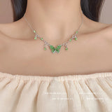 DAIIIBABYYY  -  Y2K Kpop Green Crystal Butterfly Tassel Choker Necklace for Women Korean Fashion INS Fairy Girls Metal Chain Necklace