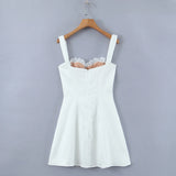Daiiibabyyy  Women V neck Backless Party Skater Short Sling Dress Sexy Stitching Lace Bra Corset Style Spaghetti Strap Mini Dresses