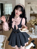 Daiiibabyyy  New Fashion Sweet Elegant Long Sleeve Dress Women Cute Bow Plaid Shirt Puffy Skirt Dresses Japanese Chic Korean Popular Clothes