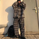 Daiiibabyyy  Women's Winter Clothes Woman V Neck Long Sleeve Loose Fit Oversized Striped Color Block Cotton Blend Hip Length Sweater Female