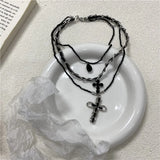 Daiiibabyyy  Multi Layer Dark Cross Leather Necklace Cross Punk Women Necklace Collarbone Chain Accessory New Jewelry Collection Gift ﻿