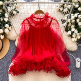 Daiiibabyyy  New Korean 2 Piece Sets See Through Ruffled Cropped Blouse + Sexy Solid Vest Suit Roupas Femme Fashion Solid Color Y2k Outfits