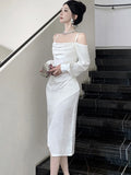 DAIIIBABYYY  -  Autumn Winter White Acetate Satin Chic Sling Sexy Dress Women Long Sleeve Elegant Holiday Dress 2025 Korean Bodycon Party Dress