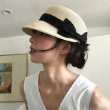 Daiiibabyyy  Bow shaped dome grass woven duckbill hat for women, summer outdoor face enhancing small grass hat, sun protection and shading