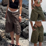 Daiiibabyyy  Women's Summer Shorts Cotton Mid Waist Drawstring Short Pants Olive Green Flap Pocket Casual Shorts Brown Loose Fit Cargo Shorts