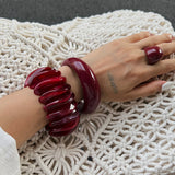 Daiiibabyyy  Exaggerated Wine Red Resin Wide Cuff Bangles Hip Hop Geometric Acrylic Bracelet Bangles For Women Men Ring Jewelry Set